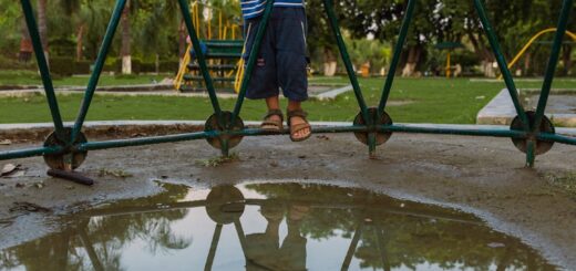 Young boy standing near a jungle gym with reflection